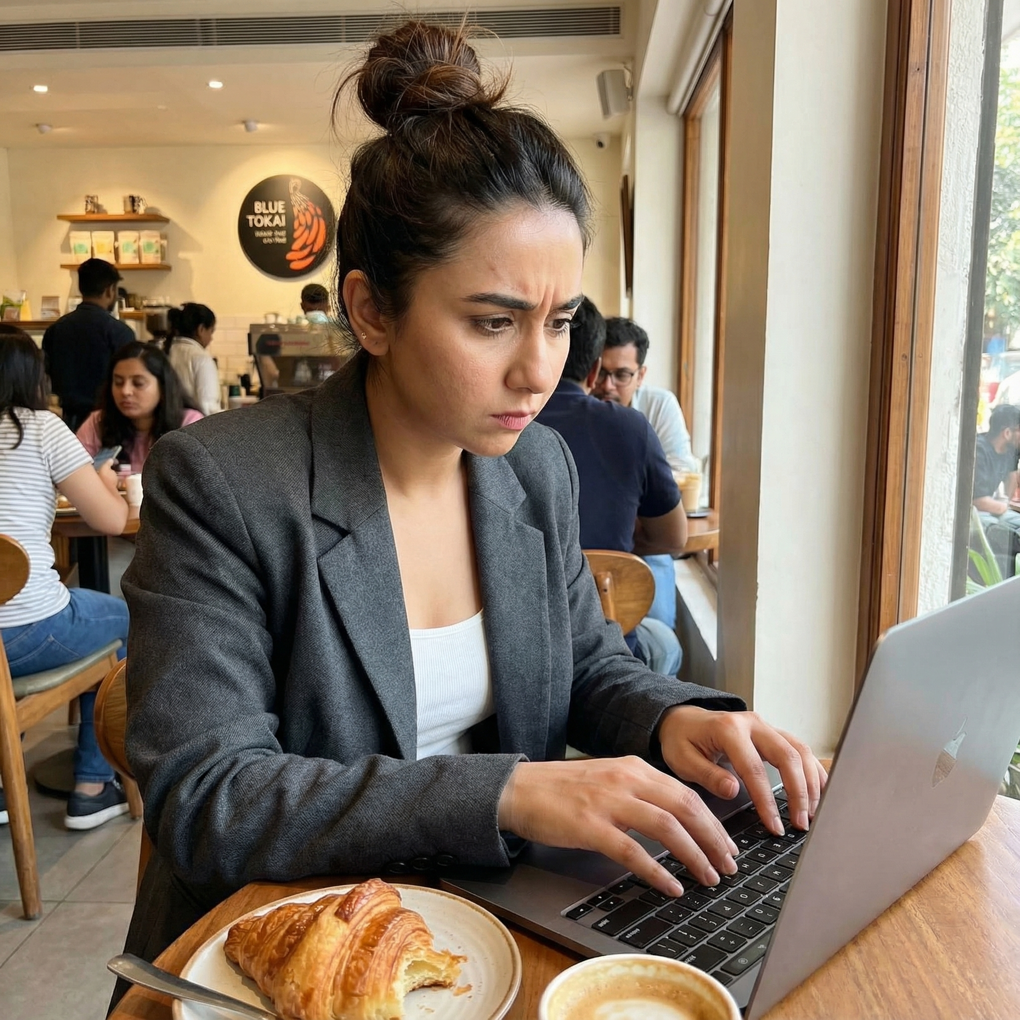A stylish young woman sitting in a bustling cafe (like Blue Tokai), typing furiously on a laptop. She has a messy bun and is wearing a smart blazer over a casual top. A half-eaten croissant is on the table. Expression Cue: She is not smiling; she is in "Flow State." Brows slightly furrowed in concentration, lips pressed together. She looks powerful and productive.