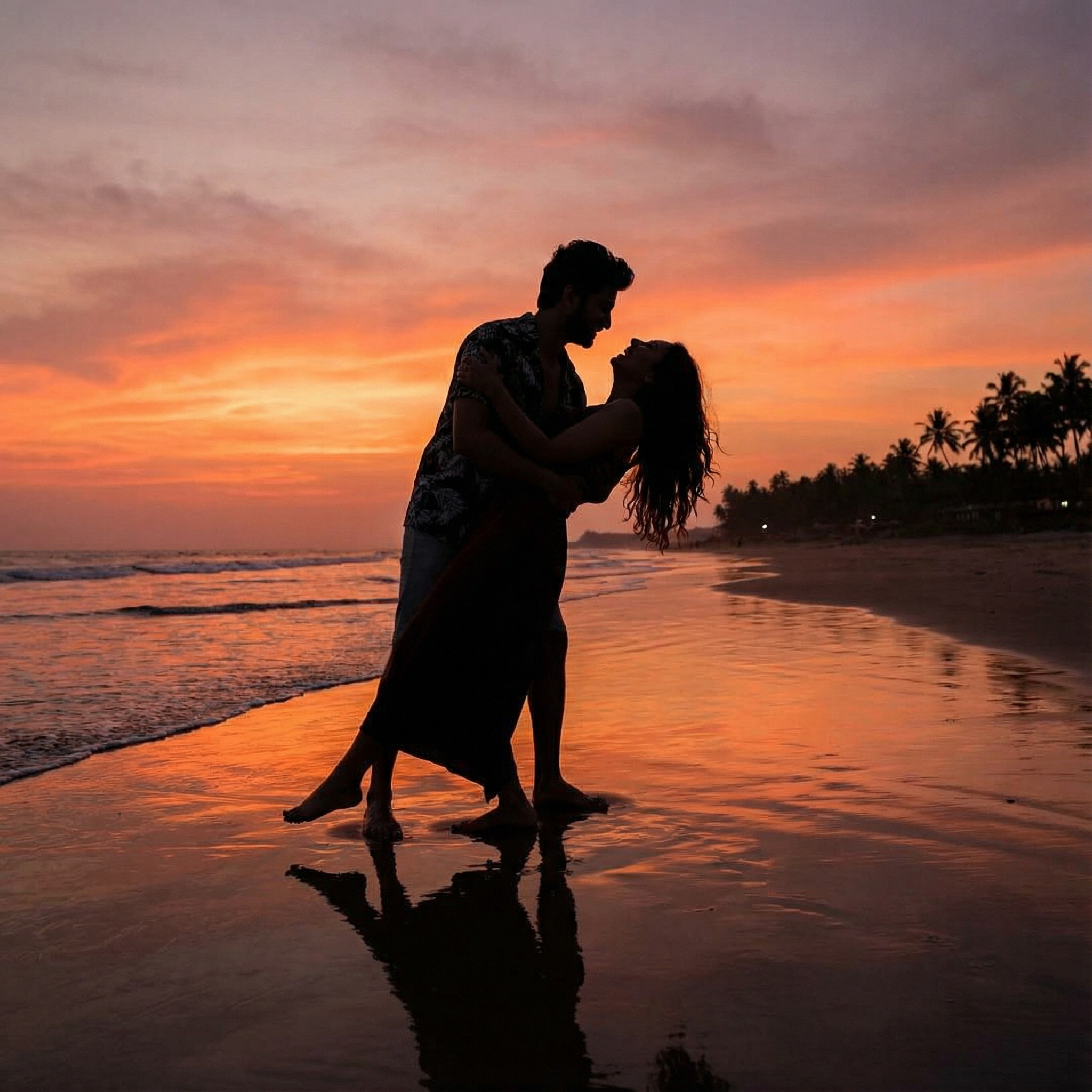 A silhouette shot of an Indian couple embracing on a vast beach at sunset. The man is dipping the girl slightly, and she is looking up at him, laughing. The dramatic colors of the sunset reflect on the wet sand, creating a highly romantic and cinematic backdrop for their affectionate pose.