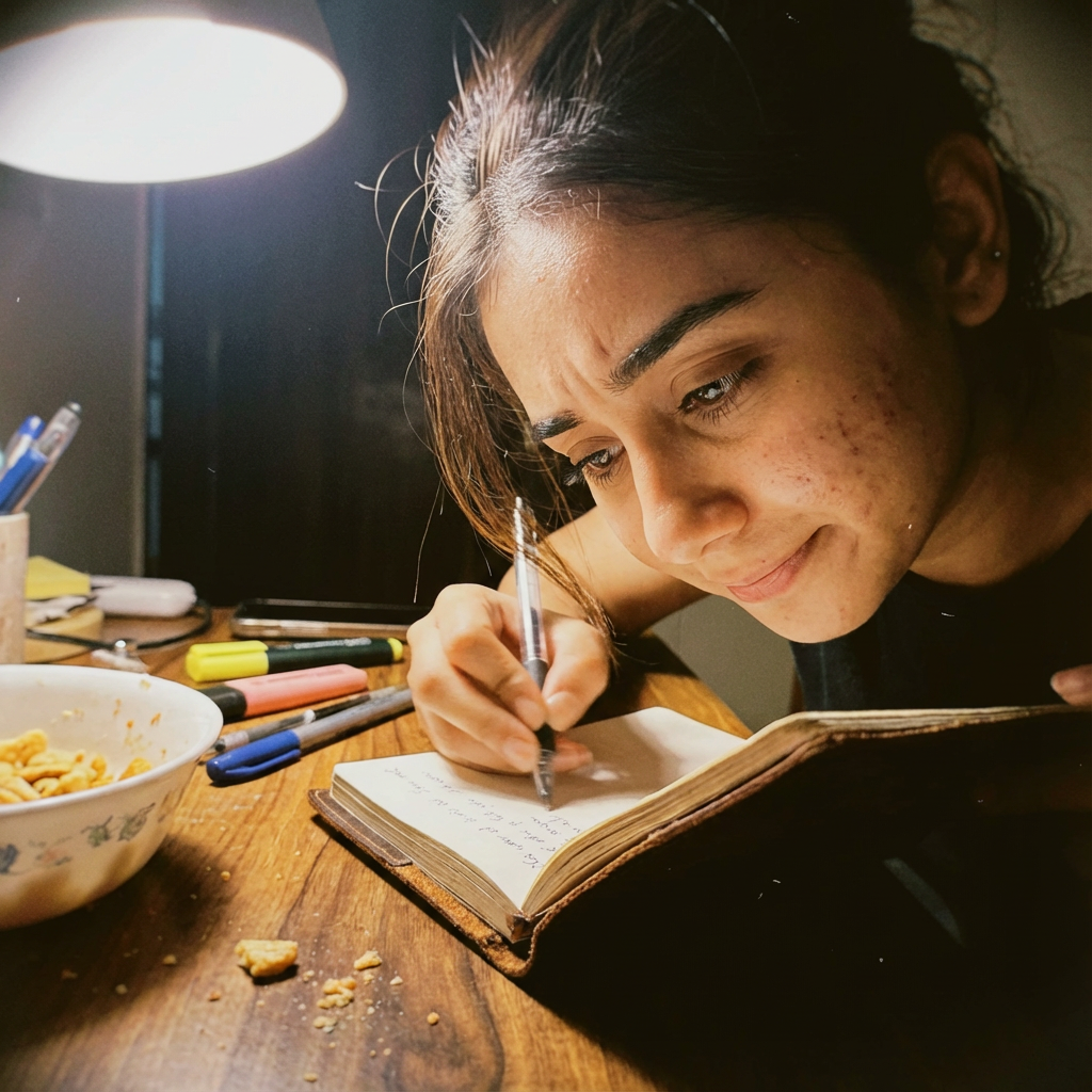 A close-up, top-down view of a young Indian woman sitting at a messy wooden table, intently writing or sketching in a leather-bound journal. Her hand is moving quickly, and her eyebrows are slightly furrowed in concentration, but a tiny, satisfied smile is visible at the corner of her mouth. She is surrounded by pens, highlighters, and a half-eaten snack. The lighting is focused, warm overhead lamp light. ...highly expressive micro-expressions, natural skin texture with visible pores, slight imperfections, imperfect hair, unposed candid look, cinematic lighting, 35mm film grain, sharp focus on eyes, AR 9:16 vertical.