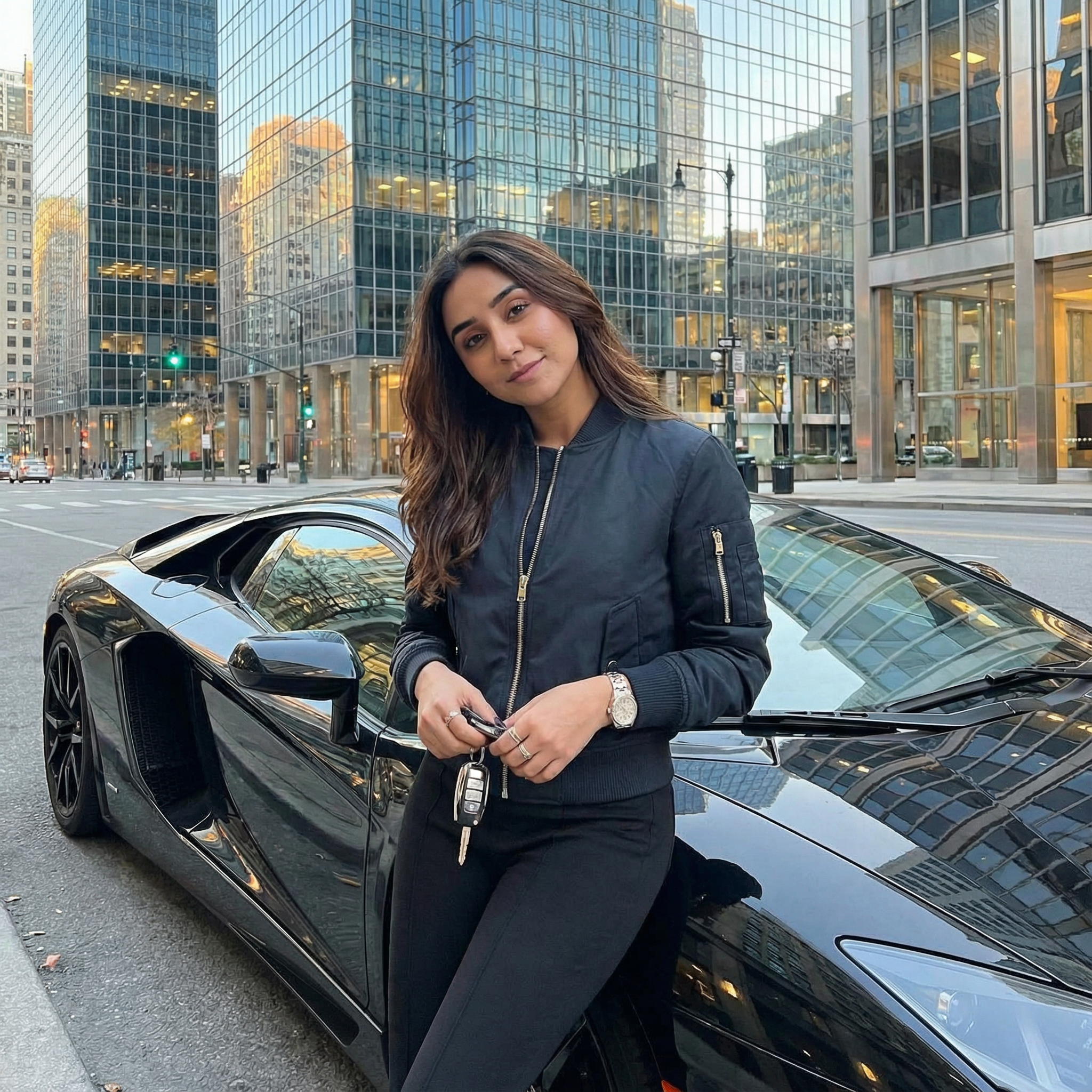 {
  "subject": {
    "description": "The person from the input image leaning casually against a sleek luxury supercar on a modern city street",
    "expression": "effortlessly cool, high-status calm",
    "clothing": {
      "outfit": "premium street-luxury look – fitted designer bomber jacket, high-quality pants",
      "details": "metal zippers, clean lines, muted luxury tones"
    }
  },
  "accessories": {
    "prop": "car keys in hand with chrome accents",
    "jewelry": "stylish watch, minimal rings"
  },
  "photography": {
    "camera_style": "high-contrast urban luxury",
    "angle": "low angle capturing car curves + subject",
    "shot_type": "3/4 body",
    "texture": "glossy car reflection, sharp lighting, cinematic depth"
  },
  "background": {
    "setting": "luxury district street",
    "elements": [
      "Lamborghini or Ferrari parked",
      "glass skyscrapers",
      "clean dry pavement",
      "reflections of city lights"
    ],
    "atmosphere": "wealth, power, modern prestige",
    "lighting": "moody afternoon or early evening"
  }
}