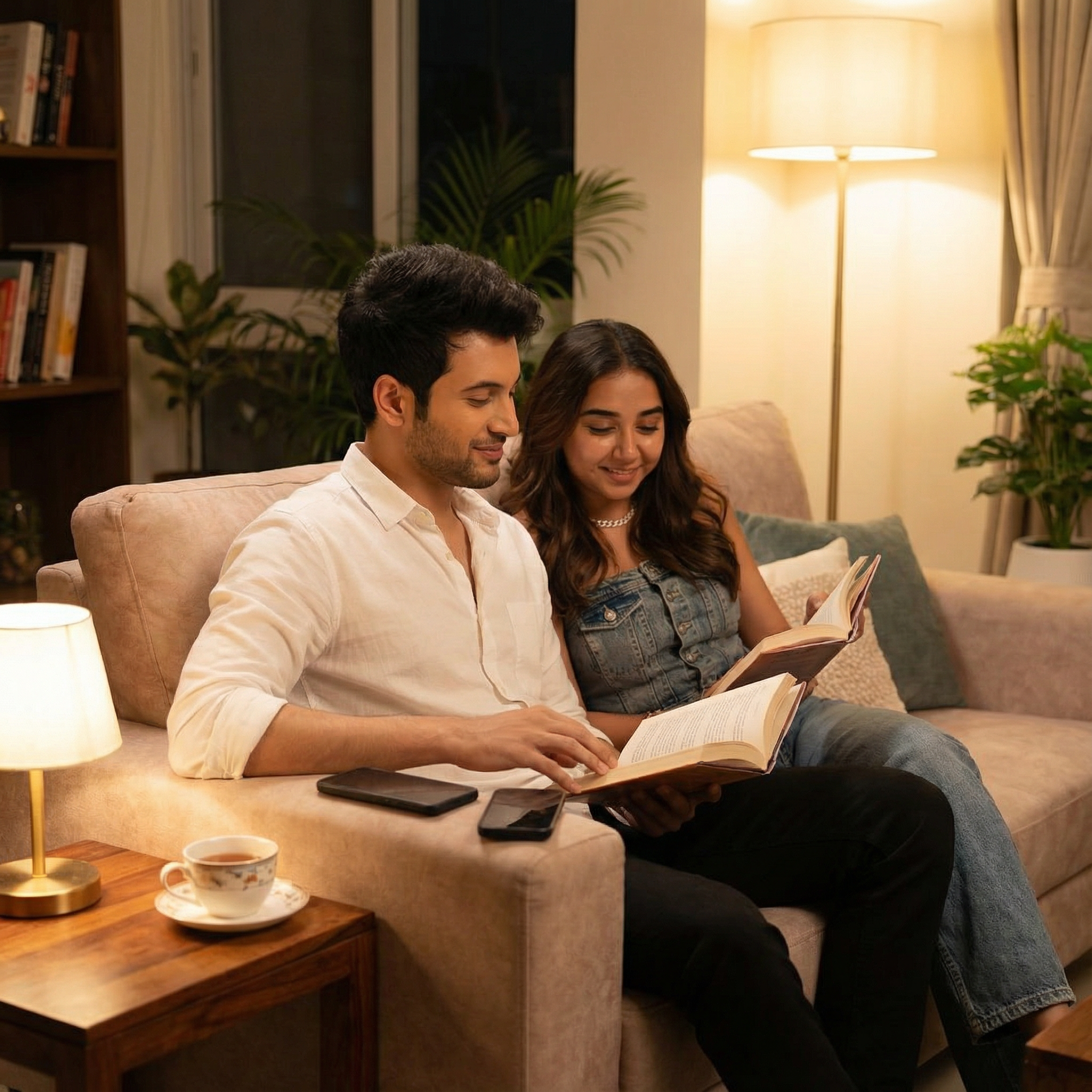A serene shot of an Indian couple sitting comfortably on their living room sofa in the evening. Their phones are put away on a side table. They are both quietly reading books or listening to a record player, sharing a moment of calm and presence. Their expressions are restful and content.