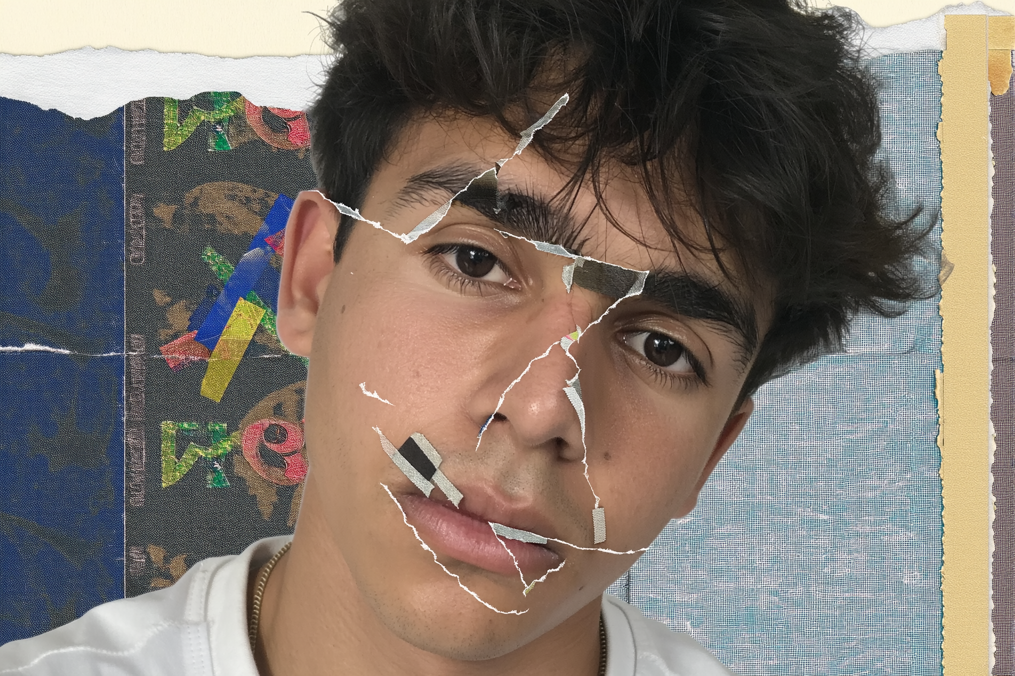 A young Latino male face fractured across multiple planes: one eye torn free and taped slightly higher on the forehead, its gaze offset from a duplicated eye layered beneath the cheekbone. Lips cleaved into two jagged, asymmetrical fragments—one pursed near the jawline, the other parted near the ear—physically shifted as if collaged. The nose bridge splits diagonally, torn edges curling beneath adhesive tape strips. Overlapping sets of eyebrows with rough tape borders produce a layered, multi-dimensional disjunction. The head tilts gently, amplifying the broken assembly effect. Hair lies naturally, tousled, partially covered with torn paper edges evoking hand-constructed collage layers. Skin exhibits hyper-realistic pores, faint freckles, subtle blemishes, and soft under-eye shadows, suffused with a worn photocopy grain. Clothed plainly with visible crisp paper edges along collar seams as if physically cut and pasted. The background arranges torn newsprint fragments, halftone textures, tape strips, and xerox grain, forming a tactile, layered analog zine surface from the 1990s, with natural, flat lighting and no artificial depth.