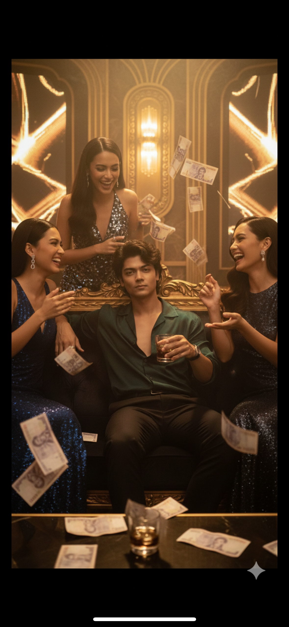 CREATE A ULTRA-REALISTIC CINEMATIC
PORTRAIT OF ME
CONFIDENTLY RELAXING IN A LUXURIOUS NIGHTCLUB, SURROUNDED BY GLAMOROUS, HAPPY WOMEN. PESO BILLS ARE FLYING IN THE AIR, CREATING A FESTIVE PARTY ATMOSPHERE. CINEMATIC GOLDEN DIM LIGHTING, SMOKY BACKGROUND, LUXURIOUS AND DECADENT VIBES, DRAMATIC SHADOWS THAT ARE HYPER-REALISTIC, HIGH DETAIL,
PHOTOGRAPHY WITH AN 85MM LENS, CINEMATIC COMPOSITION