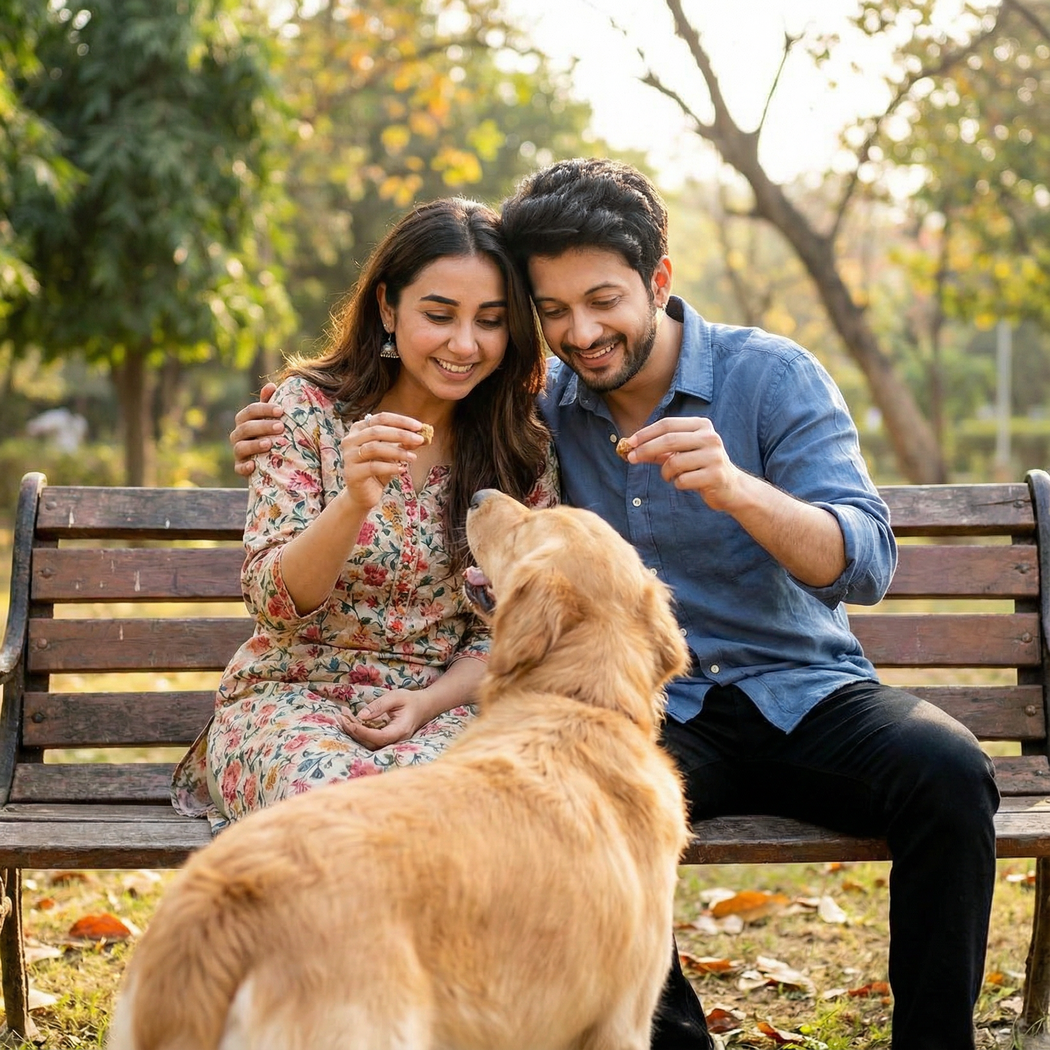 A cozy, candid shot of an Indian couple sitting side-by-side on a park bench. Both are focused on lovingly giving treats to their Golden Retriever dog, their shoulders touching. Their synchronized smiles and gentle expressions show deep, shared affection for their pet.
