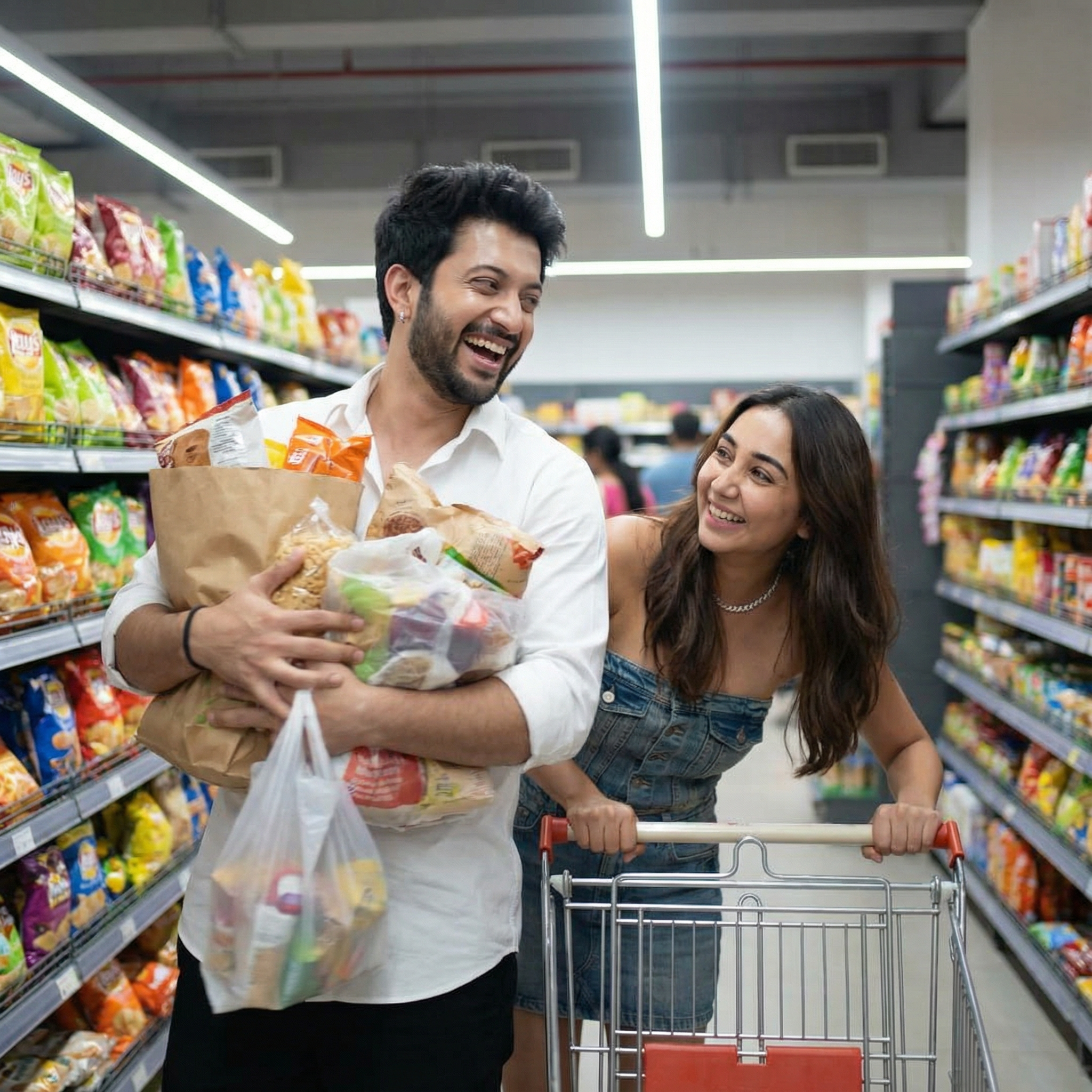 An energetic, candid shot of an Indian couple walking through a brightly lit supermarket aisle. The man is laughing, struggling slightly to carry several overflowing grocery bags, while the girl is playfully pushing the empty shopping cart from behind. Their expressions are amused and cooperative.