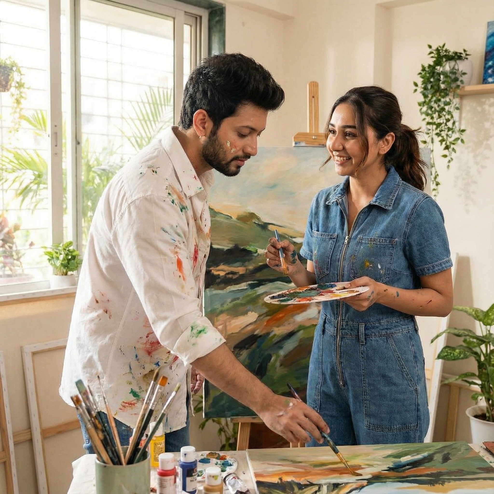 An artistic, candid shot of an Indian couple painting on a shared canvas or arranging flowers together in a studio-like setting. They are looking at their work with intense focus, occasionally glancing at each other with encouraging smiles, highlighting their shared passion and teamwork.