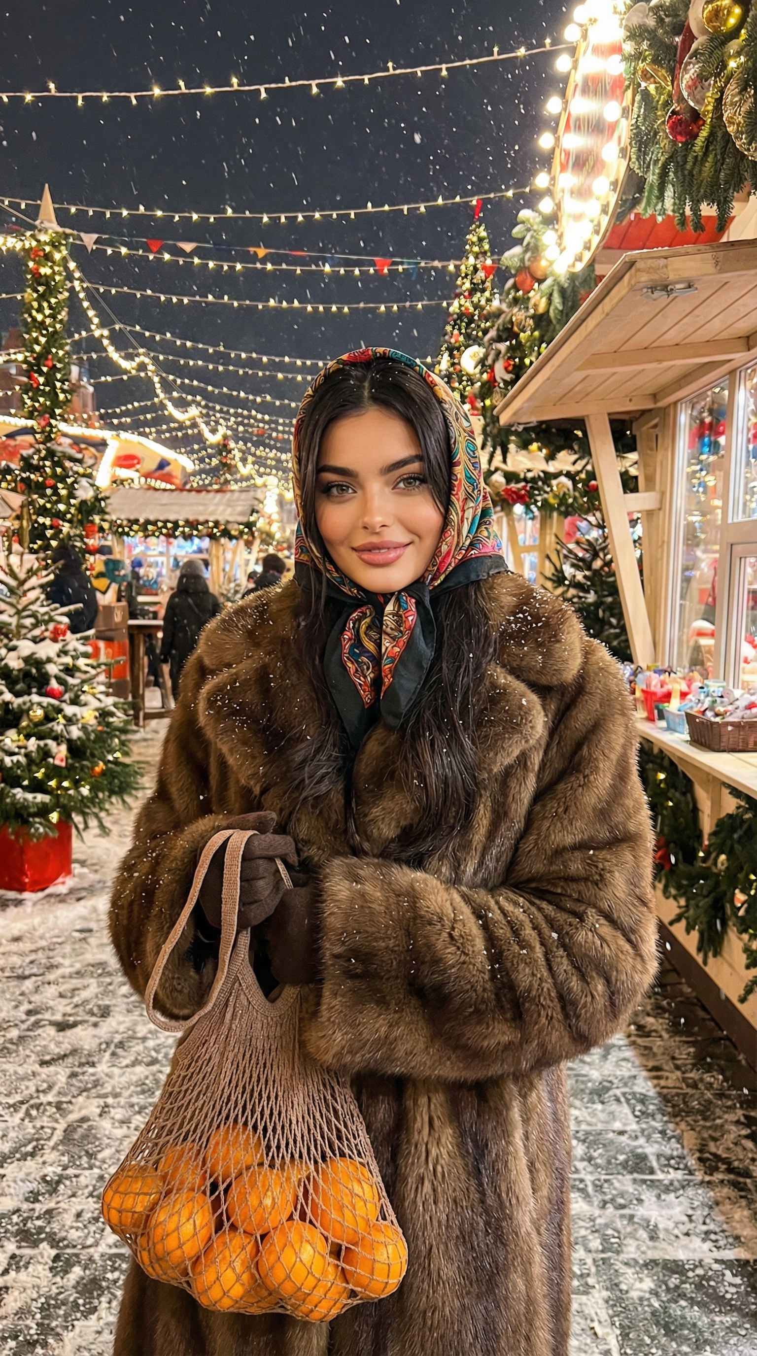 Женщина стоит на рождественском рынке в окружении новогодних украшений и огоньков. Снег падает вокруг, создавая зимнюю атмосферу.
Женщина стоит, держит сетку с мандаринами в руках. У неё легкая улыбка, смотрит в камеру с легким выражением радости и зимнего настроения.
Она носит коричневую меховую шубу, которая выглядит теплой и стильной. На голове у нее яркий платок, что добавляет ретро-стиля.
Волосы длинные, свободно падающие, придавая образу естественность.