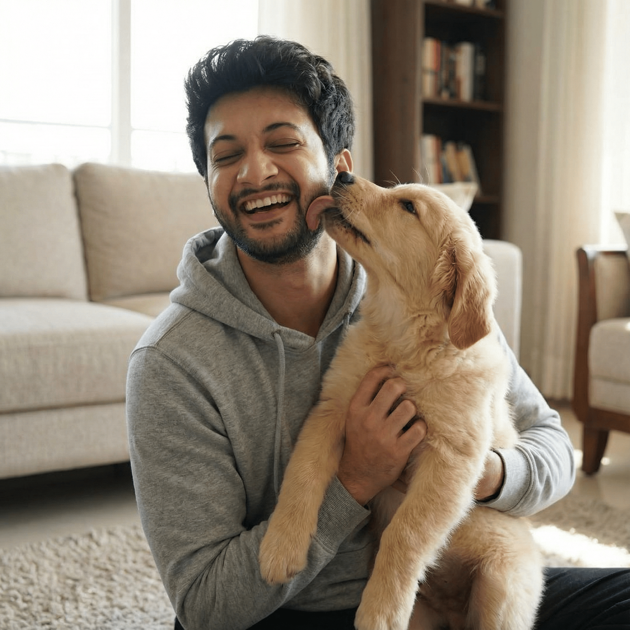 A heartwarming, candid photo sitting on the floor of a living room, laughing with eyes closed as a Golden Retriever puppy licks his face. He is wearing a comfortable hoodie. Lighting: Soft indoor natural light.