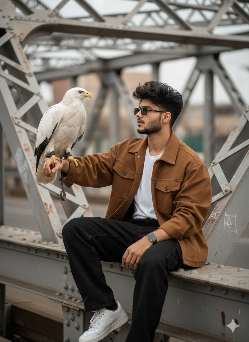 Prompt:
8k Ultra-realistic cinematic (use refrence image) messy hair (5.9" hight)sitting confidently on an iron bridge structure, oversized brown jackets, and white tshirt. black pants, apple watch and whitesneakers. White eagle on his one hand sitting. The background shows metallic bridge, creating an urban street-style vibe. The photo is sharp, cinematic, high resolution, fashion editorial style pose, with perfect lighting and focus on the person.