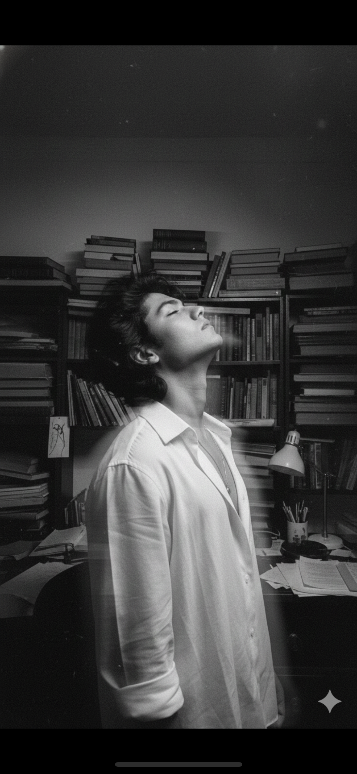 Convert this image into a Fine black and white photography of a handsome young man (take reference face as uploaded image face) with dark, his head tilted back in a moment of interense creative thought or ecstasy. He is wearing an open, loose withe collared shirt, standing in a dimly lit study filled with stacks of books and papers. The image is captured with a slow shutter speed, creating dramatic horizontal motion blur that streaks the background and the edges of his form