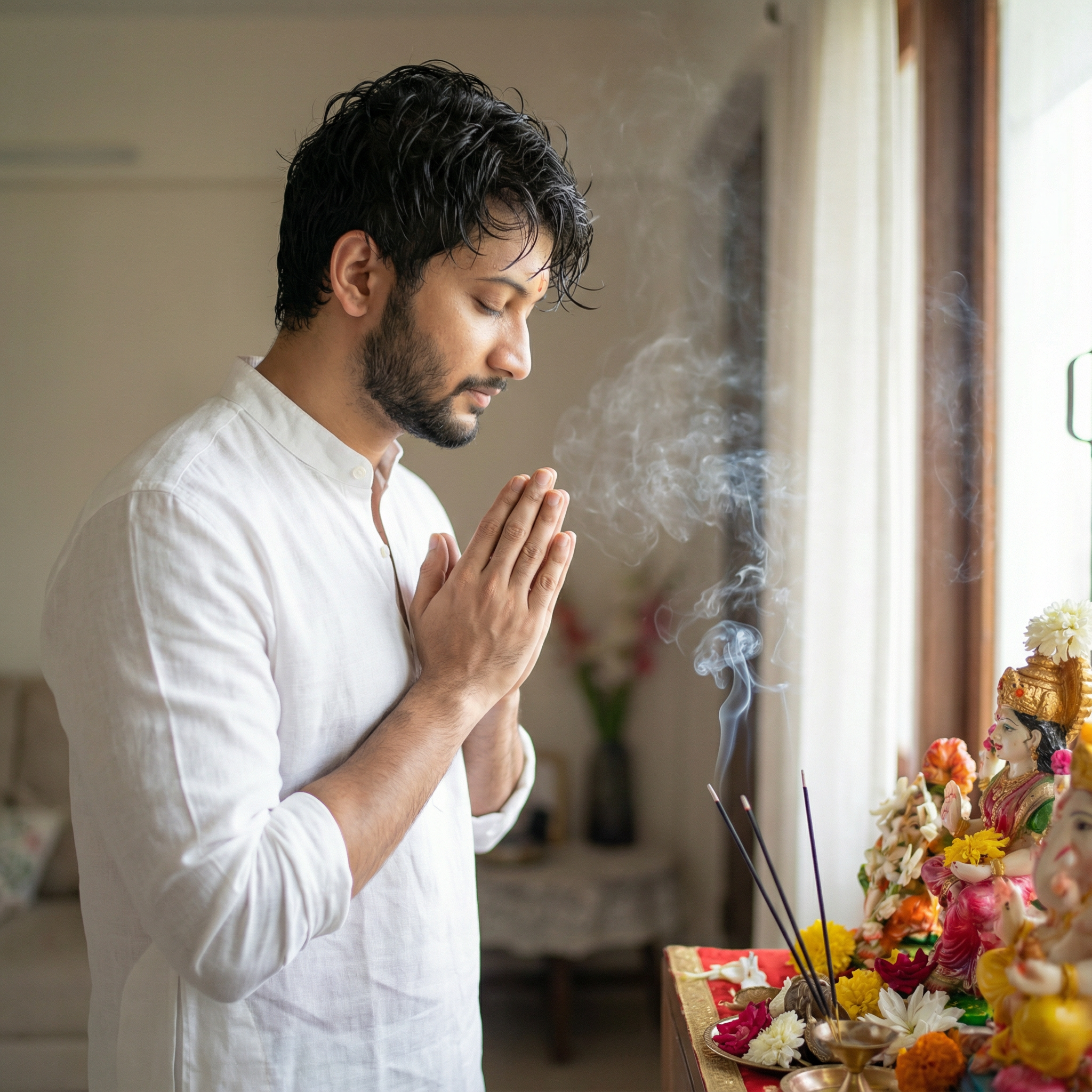 A serene, clean portrait. The young man with wet hair, fresh out of a bath, wearing a simple, high-quality white linen kurta. He stands with folded hands, eyes closed in prayer in front of a home altar with smoke from incense sticks curling up. Lighting: Soft, fresh morning light from a window.