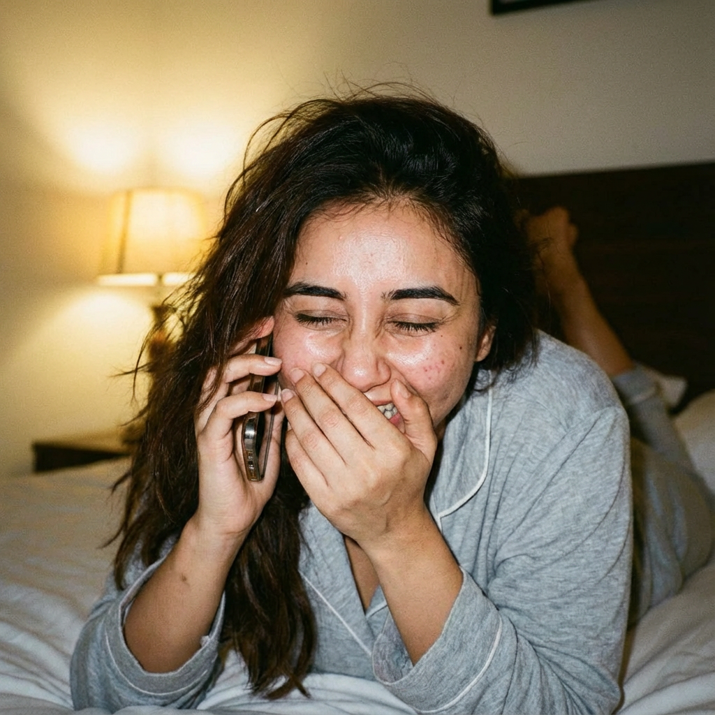 A candid, intimate shot of a young Indian woman lying on her bed, head tilted back, talking animatedly on the phone with her best friend. She is giggling, covering her mouth with one hand. Expression Cue: Her eyes are squeezed shut in amusement, forehead crinkled with laughter. She looks entirely caught up in the moment of shared gossip or a funny story. Her hair is messy, and she's wearing comfortable pajamas. ...highly expressive micro-expressions, natural skin texture with visible pores, slight imperfections, imperfect hair, unposed candid look, cinematic lighting, 35mm film grain, sharp focus on eyes, AR 9:16 vertical