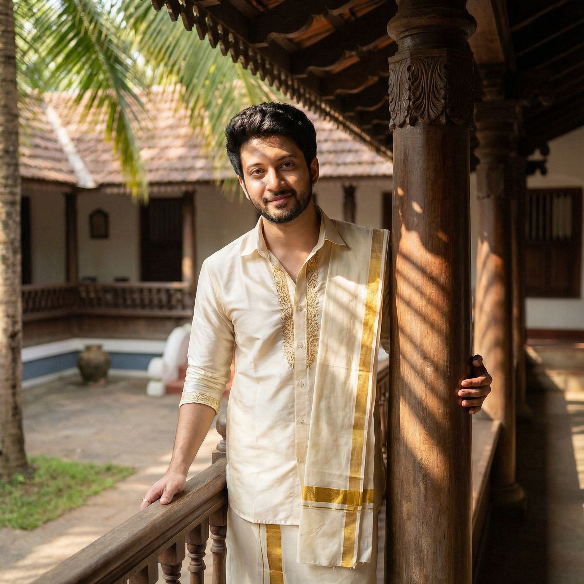 A young man dressed in a traditional cream and gold Kasavu mundu and shirt, standing in a temple courtyard or a traditional ancestral home veranda. He is smiling gently. Lighting: Filtered sunlight through palm trees. Background: Traditional architecture.