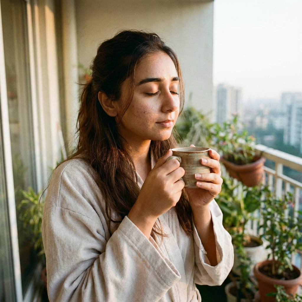 A candid, soft-focus shot of a young Indian woman standing on a simple apartment balcony in the early morning. She is holding a ceramic cup of hot coffee or chai with both hands, eyes closed as she feels the warmth and inhales the steam. She is wearing a comfortable cotton robe or oversized shirt. Her expression is one of deep, serene peace and gratitude for the moment. The soft light of the rising sun barely touches her face. ...highly expressive micro-expressions, natural skin texture with visible pores, slight imperfections, imperfect hair, unposed candid look, cinematic lighting, 35mm film grain, sharp focus on eyes, AR 9:16 vertical.