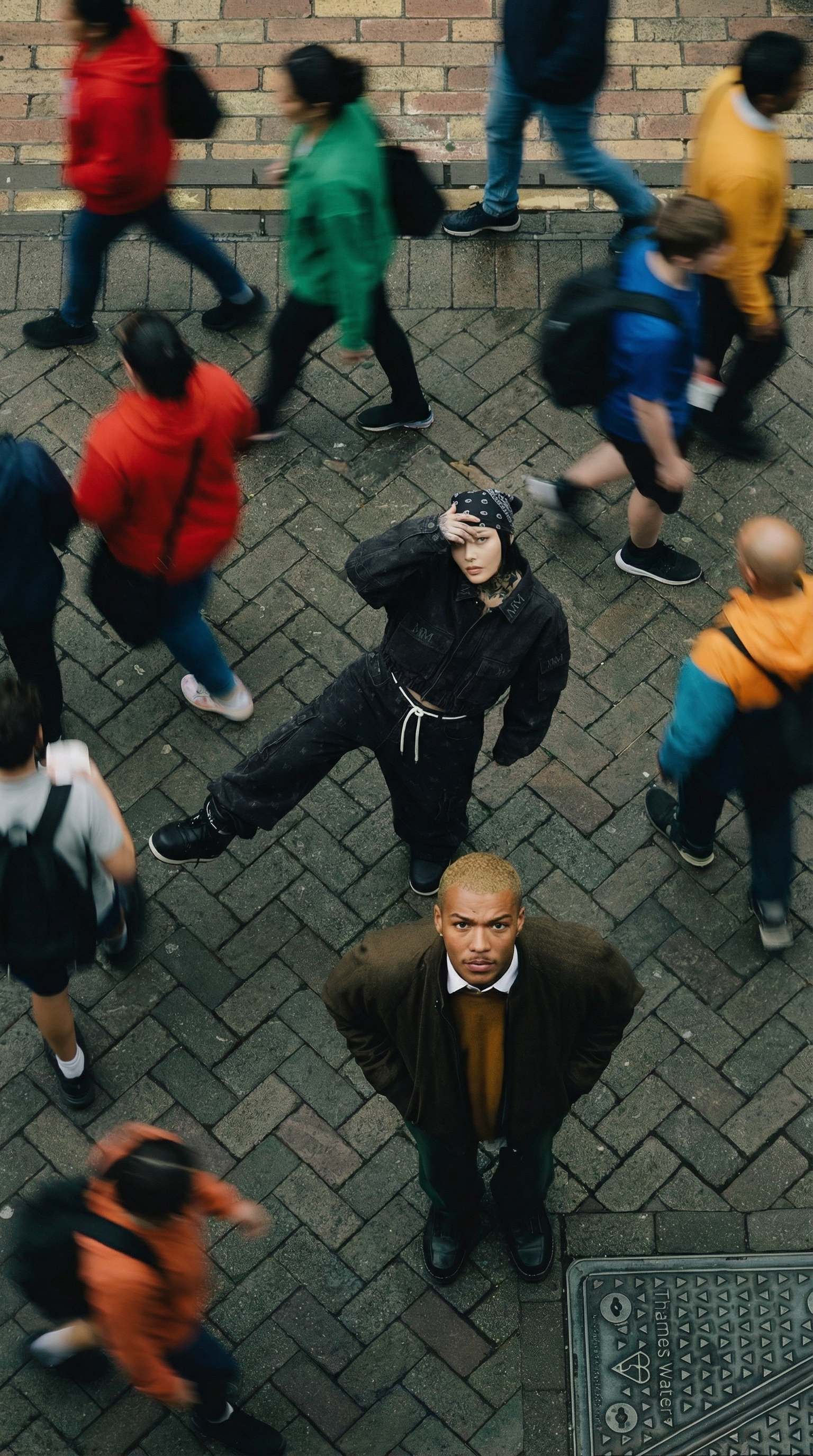 put the female model  wearing black denim jacket with design, confident dynamic pose, with outfit, on the scene where the man is looking up at the camera, add more people walking on the street in different color outfits, no duplicate colors