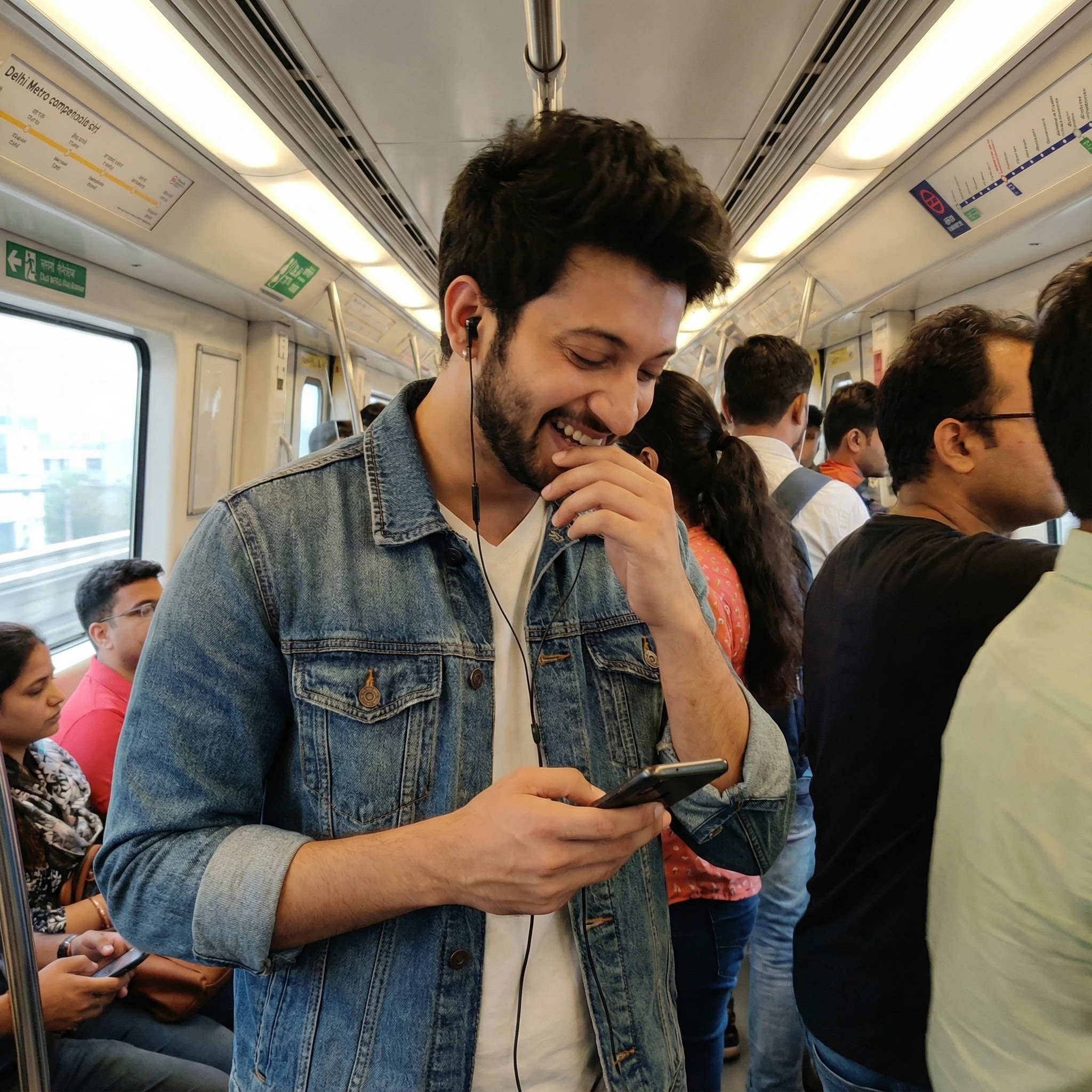 A candid shot standing inside a busy Delhi Metro compartment. He is looking down at his phone and actively laughing, hand near his mouth, wearing wired earphones and a denim jacket. Lighting: Mix of fluorescent metro lights and window light.