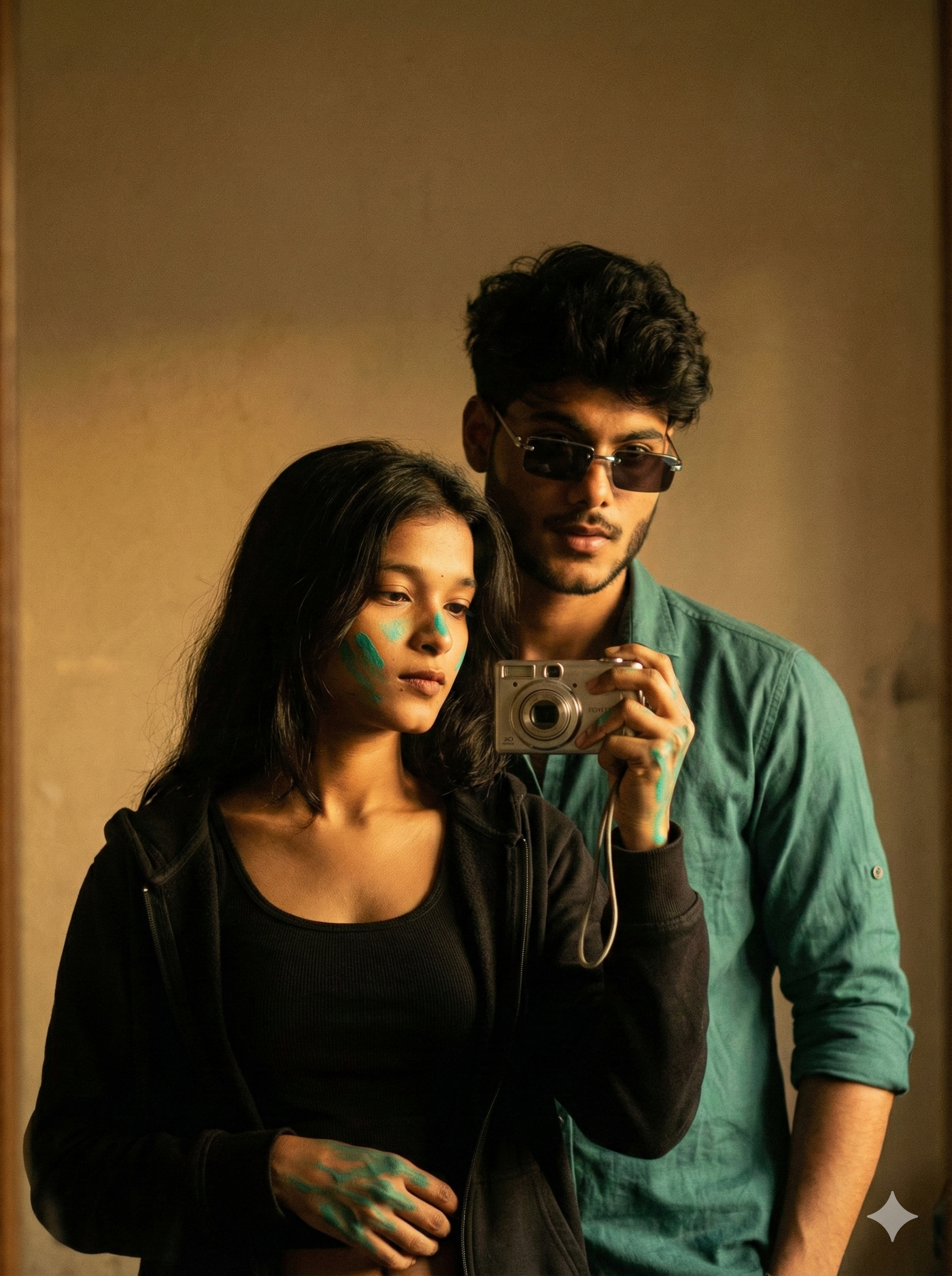 ULTRA-REALISTIC 8K PORTRAIT of man and woman [ keep it real face from uploaded image100% ]
A mirror selfie of a  young couple in a warm, dimly lit room. The man Uploaded first image match the exactly same face 100%. He standing close behind her, looking off-camera with a genuine, He is wearing a teal-green . The shirt sleeves are rolled up to the elbows. And sunglasses same.
The woman Uploaded second image match the exactly same face 100%.  Her same  hair and same face, is in the foreground, holding a small, silver vintage-style digital camera directly in front of her face as if taking the photo. She is wearing a black, fitted tank top, revealing her midriff, and an open black hoodie/jacket. e lighting is soft, golden, and warm, creating a dreamy, cinematic, and intimate atmosphere. The background is simple and uncluttered, with a solid, slightly textured beige/light brown wall. Film grain, cinematic lighting, f/1.4, portrait photography, depth of field, 35mm." Looking stylish. Romantic. And his same face same hair exactly uploaded first image 100% 
