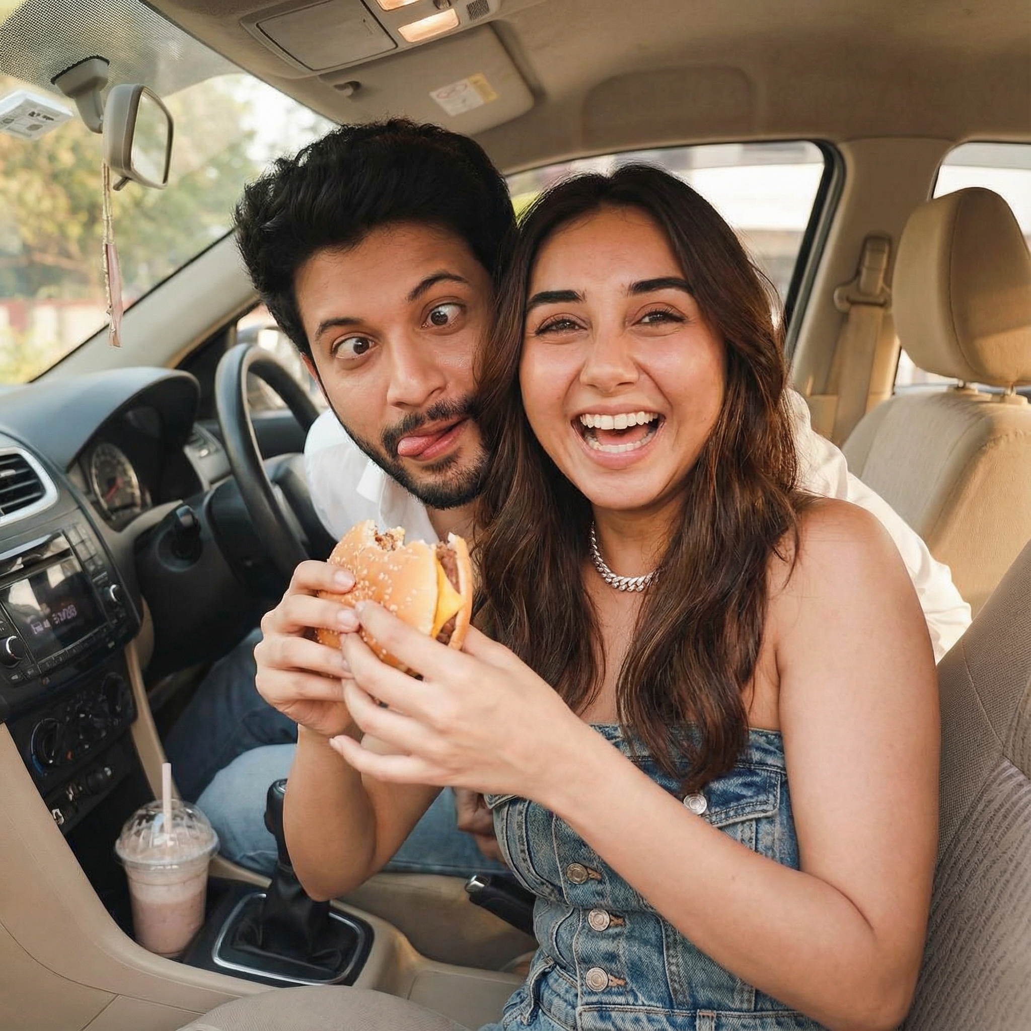 A playful, close-up shot of an Indian couple in their car. The girl is holding up a half-eaten burger or a large milkshake, smiling widely at the camera, while the man leans in from the driver's seat, making a goofy face. The interior of the car is cozy, conveying a fun, casual date.