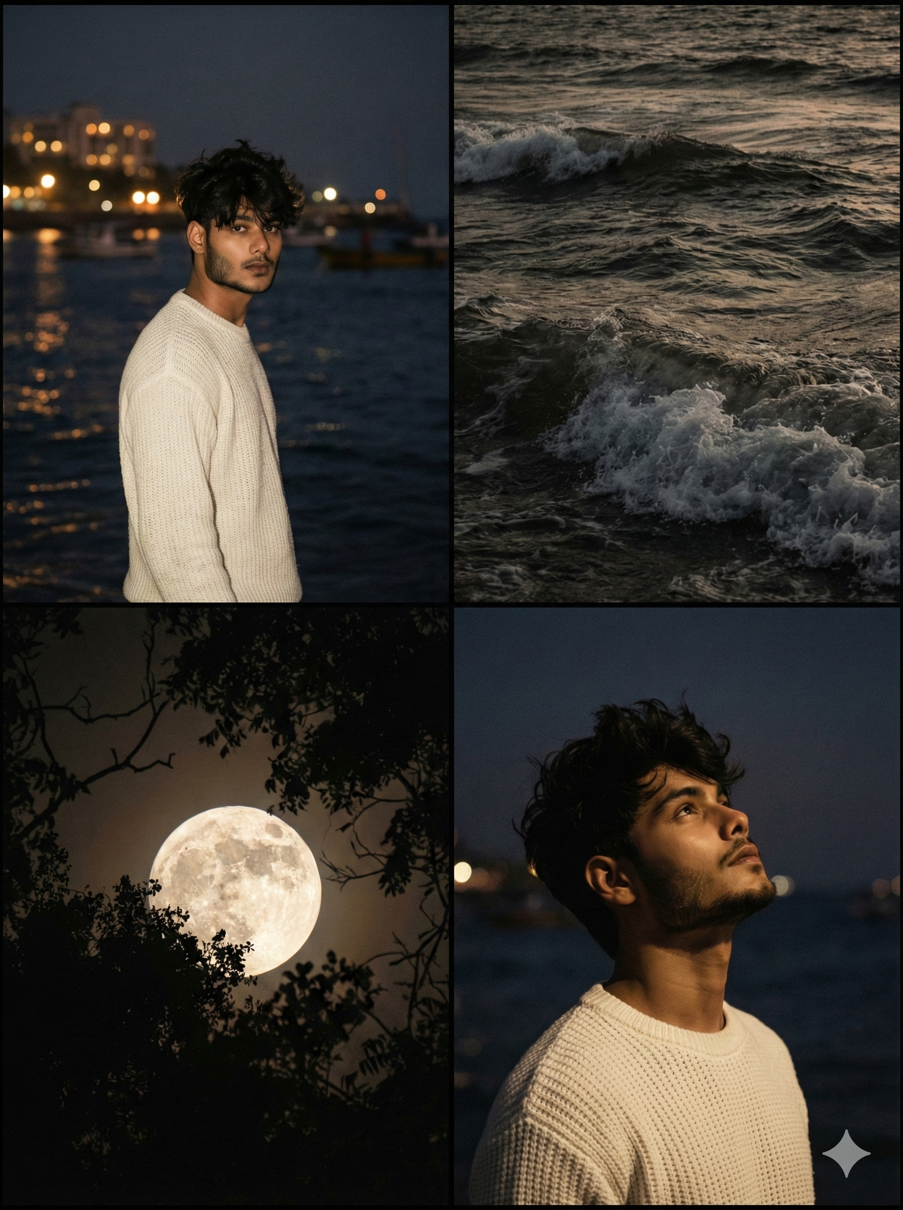 Prompt - "A four-panel aesthetic photo collage with a dark, moody, cinematic vintage filter. The panels include: 1. A young man with Korean hair wearing a white sweater, standing outside at night and facing camera near a body of water with warm, blurred lights in the background. 2. A close-up shot of dark, choppy ocean waves. 3. A large, bright full moon dominating the center, partially obscured by dark foliage/silhouetted leaves. 4. A second shot of the same young man looking up, illuminated by