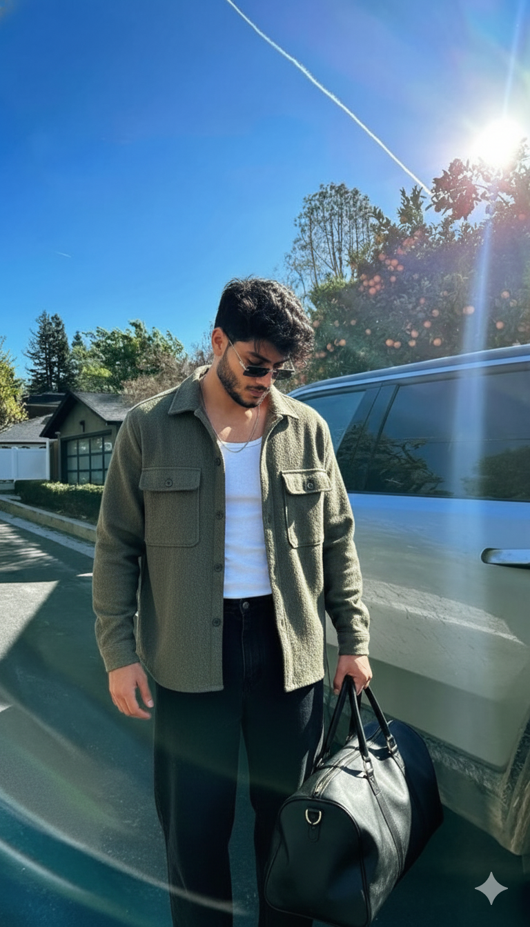 ULTRA-REALISTIC 8K PORTRAIT of a stylish young man [ keep it real face from uploaded image 100% ]
A hyper-realistic lifestyle portrait of a man standing on a sunny suburban street. He is wearing sunglasses, a casual olive-grey shirt-jacket (shacket) matching set with a white ganji underneath, and a silver chain. And black baggy jeans. He is looking front while holding a black leather duffel bag in one hand. Behind him is a silver SUV and lush green orange trees. The sky is vivid blue with a white airplane contrail cutting across it. There is a bright sunburst lens flare in the top right corner, creating harsh but cinematic shadows. 8k resolution, street fashion photography, candid shot."