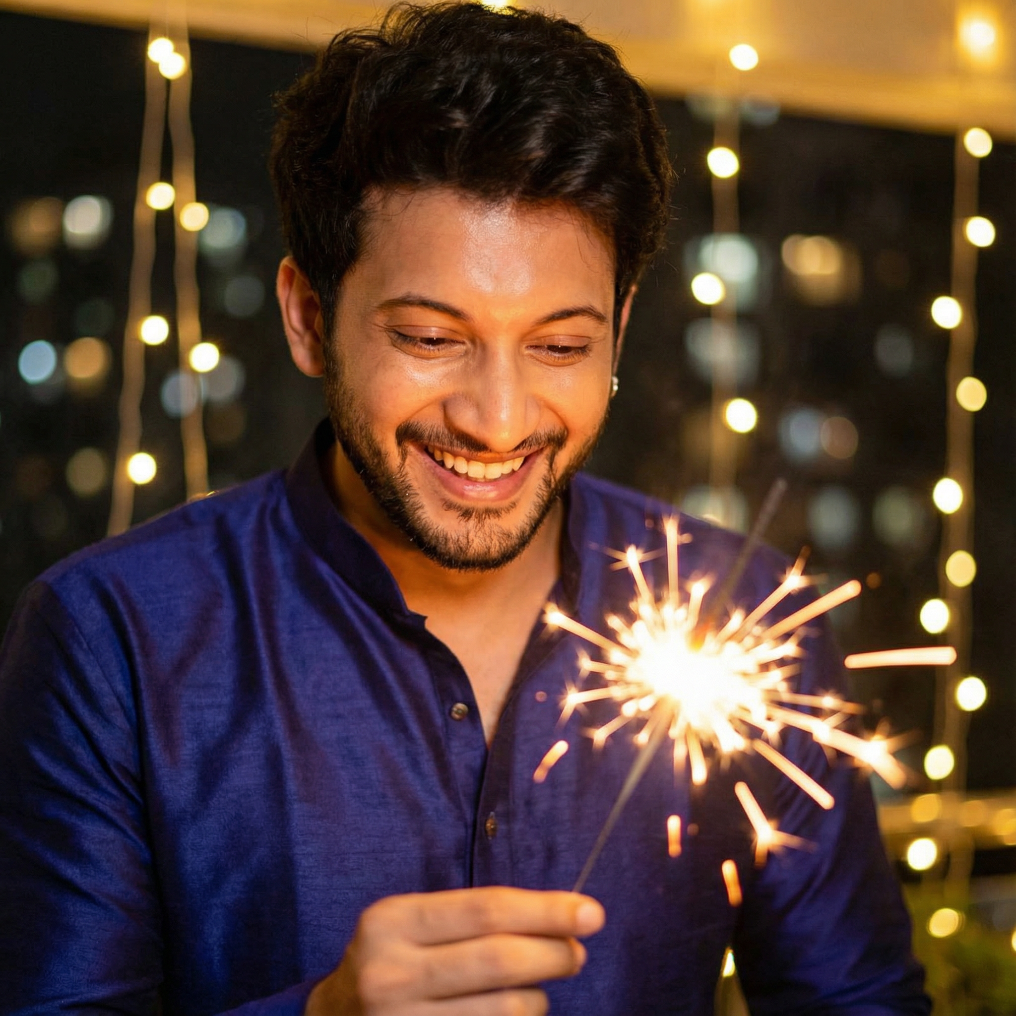 An intimate, warm portrait on a balcony during Diwali evening. The young man is holding a burning sparkler (phuljhari), watching the sparks with a joyful, childlike grin. The primary light is the warm golden glow of the sparkler on his face. He wears a deep blue silk kurta. Background: Out-of-focus fairy lights and city lights.