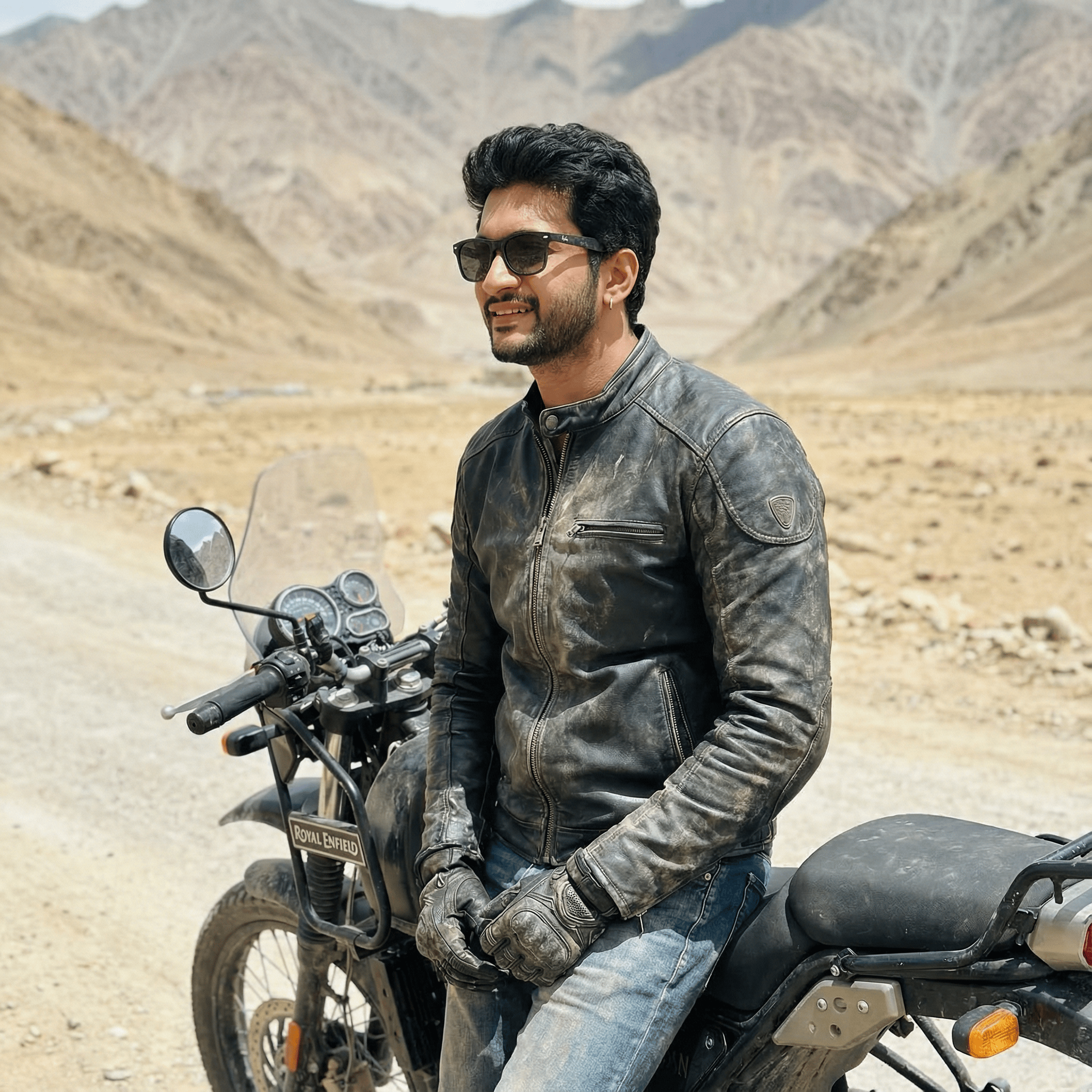 A young man taking a break on the side of a high-altitude mountain road (like Ladakh), leaning against a dusty motorcycle. He is wearing a leather jacket, gloves, and sunglasses, covered in a thin layer of dust, looking at the massive mountain view. Lighting: Harsh, bright mountain daylight.