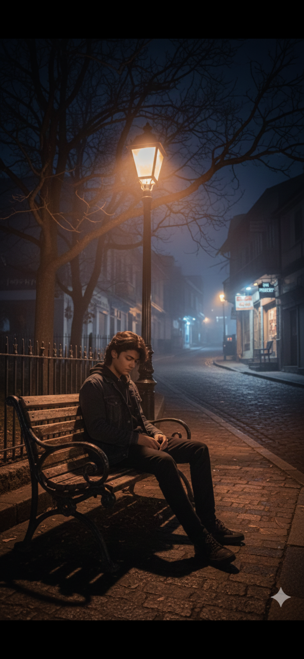 A young man sitting on a wooden bench under a vintage streetlamp at night, surrounded by bare winter tree branches.
Warm yellow streetlights glowing softly with misty light rays, giving a cinematic nighttime atmosphere. The boy is wearing dark clothes, looking down with a relaxed, moody expression. Full-body shot, soft shadows, high detail, realistic lighting, urban hill-station vibe, signboards in the background, slightly warm tone, dramatic night ambience.