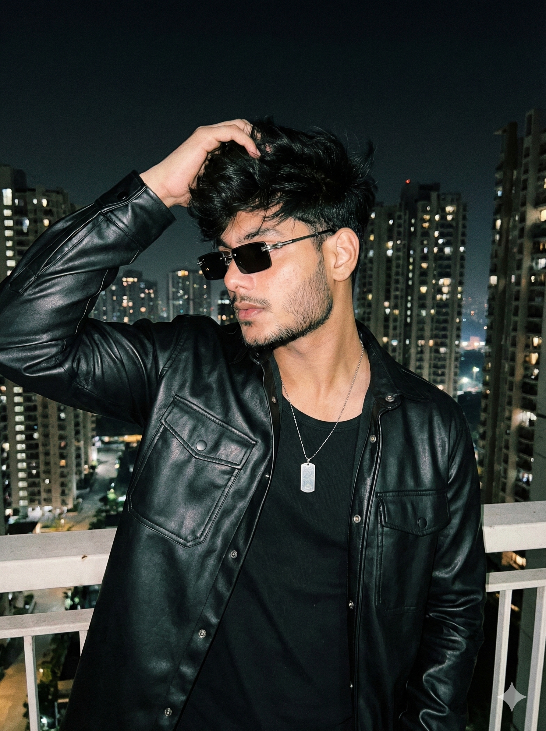 ULTRA-REALISTIC 8K PORTRAIT of a stylish young man [ keep it real face from uploaded image ]
A realistic candid night shot of a young Indian man standing on a high-rise balcony with a blurred city skyline in the background. He is wearing a dark black leather shirt-jacket over a plain black t-shirt and a silver necklace with a rectangular pendant. And sunglasses He is looking to the side , posing while running his right hand through his dark, same  hair. The background features city lights and tall buildings at night. The lighting style is direct camera flash photography, giving it a raw, urban, and slight retro film aesthetic stylish pose.