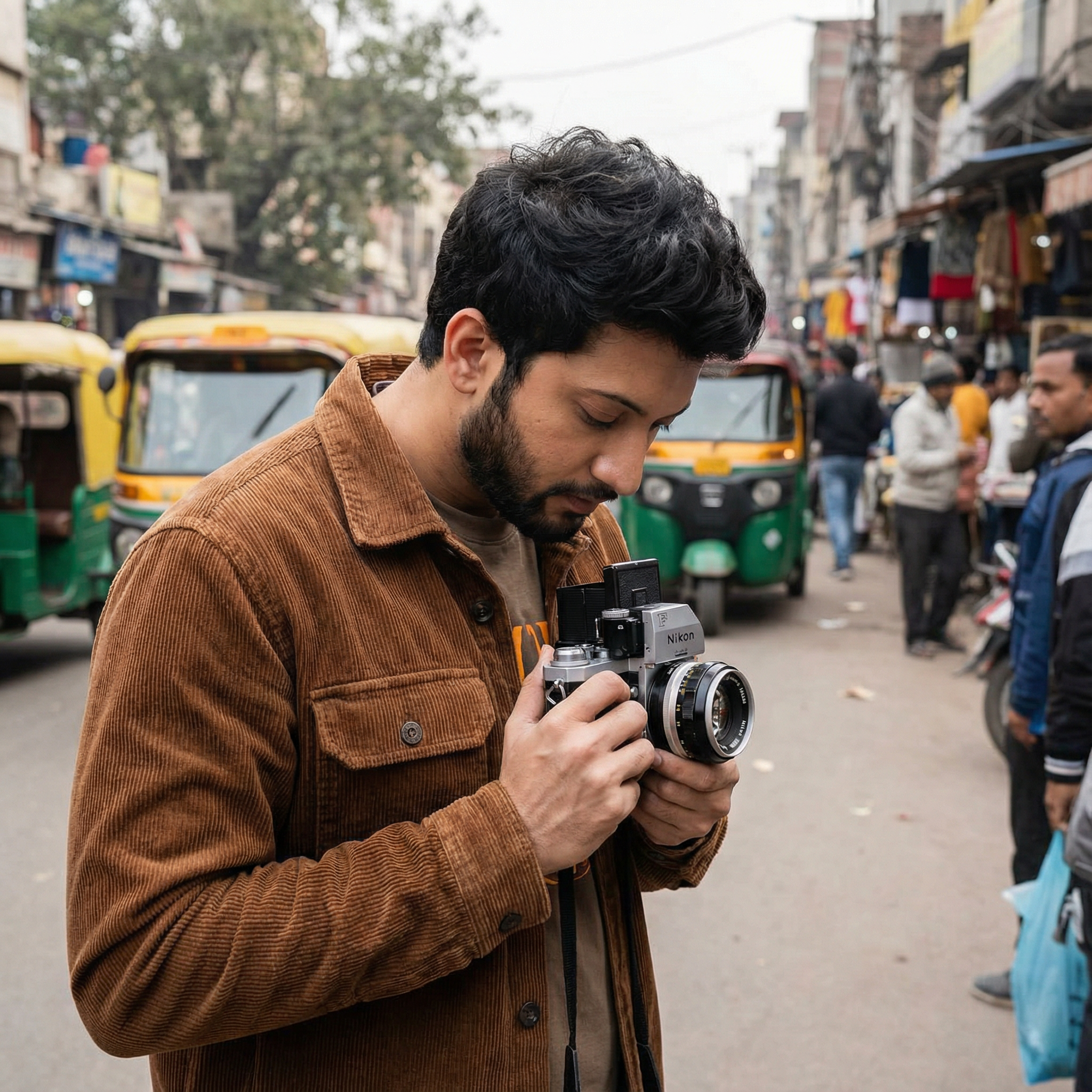 Standing on a busy street corner in Kolkata or Old Delhi, looking down into the viewfinder of an old vintage film camera. He wears a corduroy jacket. Lighting: Overcast city daylight.