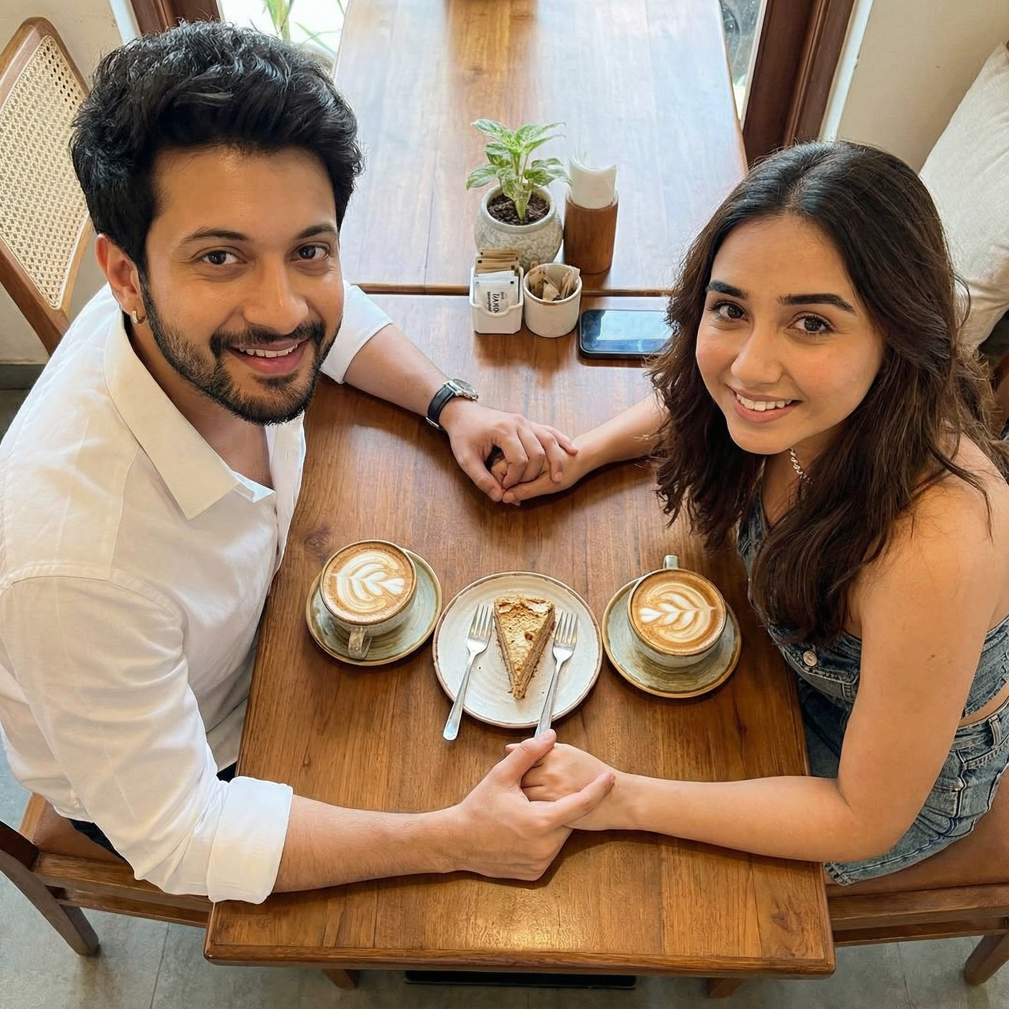A cozy, top-down view of an Indian couple sitting across from each other at a stylish cafe table, both looking at the camera with warm smiles. Between them are aesthetically pleasing coffee art lattes and a shared dessert. Their hands are gently clasped on the table, conveying connection and a perfect 'date' moment.