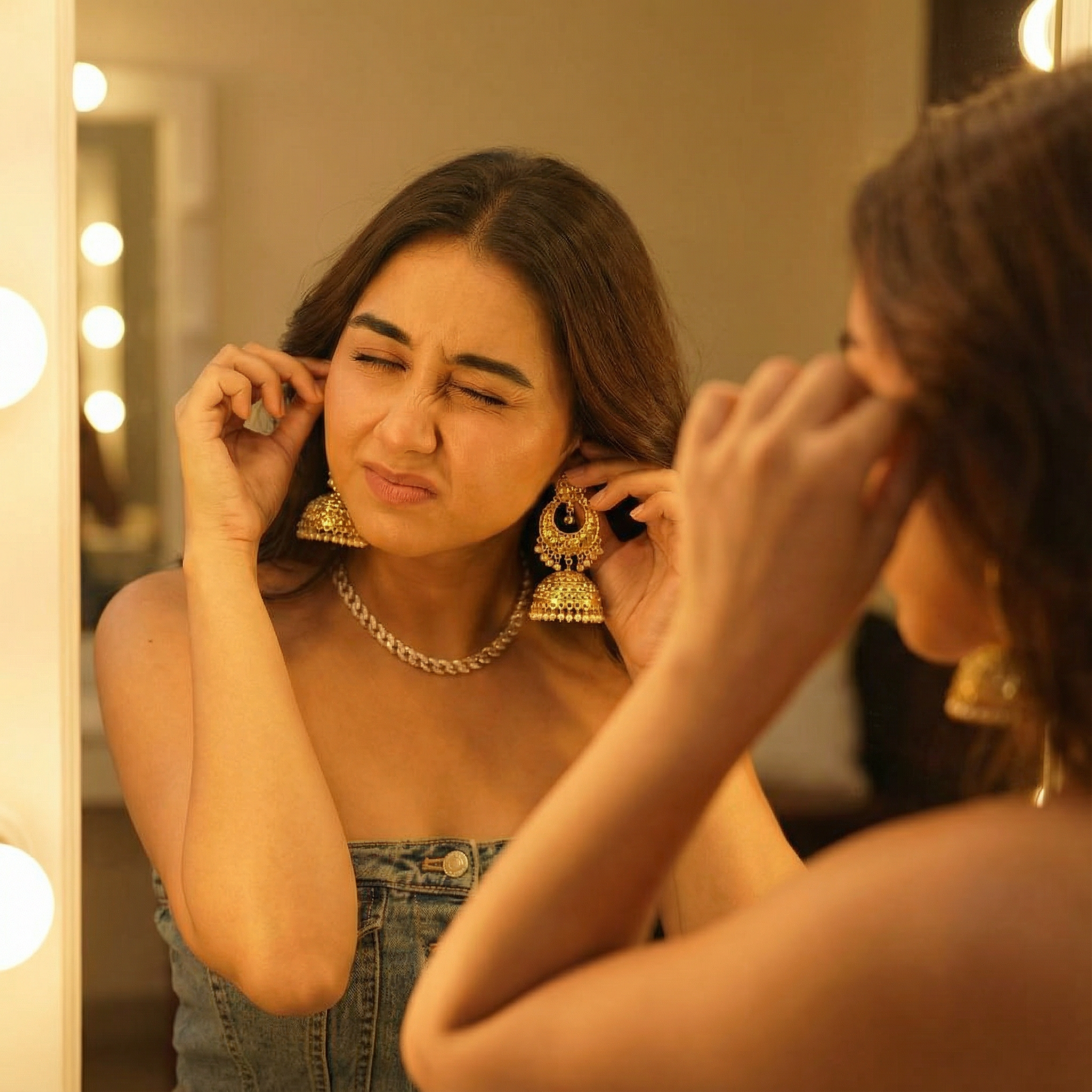 A cinematic close-up of a girl standing in front of a mirror, trying to put on a heavy gold earring (Jhumka). Her arms are raised. Expression Cue: One eye closed in concentration, mouth twisted to the side. A mix of pain and vanity. Relatable "beauty is pain" moment. Lighting: Warm golden vanity lights.