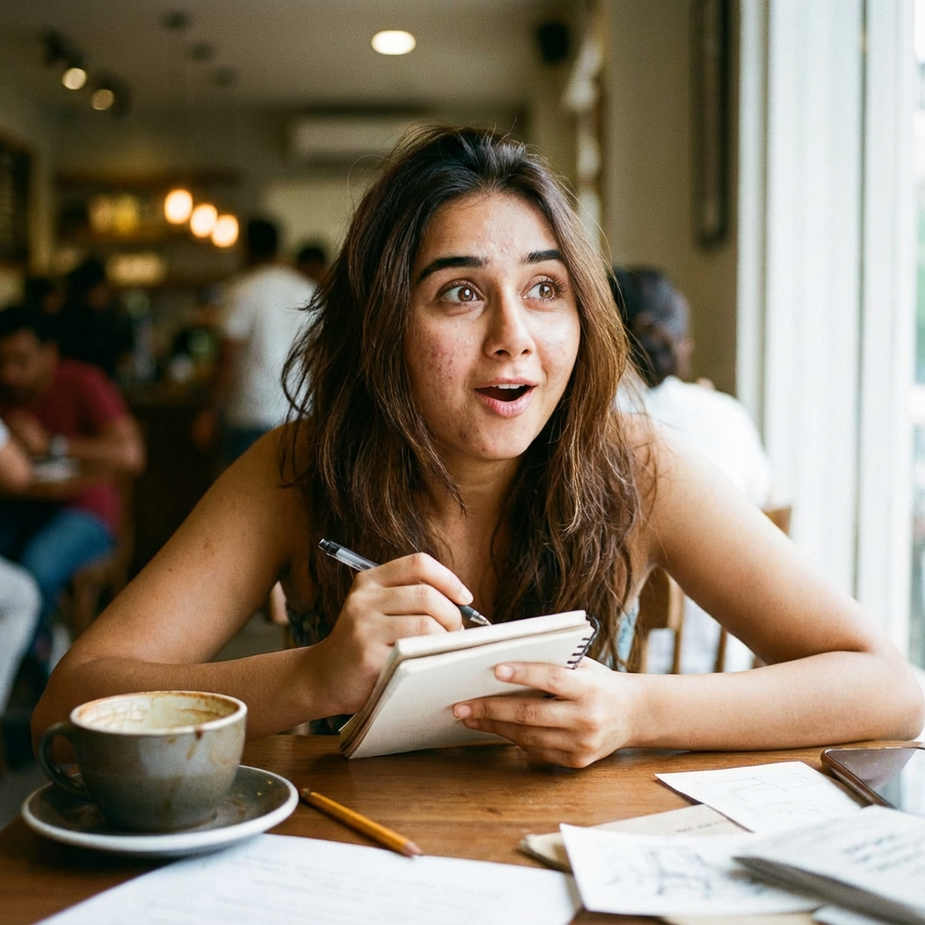 A candid shot of a young Indian woman sitting in a bustling cafe, sketching intently in a small notebook. She looks up suddenly, her eyes wide. Expression Cue: A sudden spark of recognition or inspiration in her eyes. Her mouth forms a small "O" of surprise and delight. She looks like she just had a brilliant idea. Her coffee cup is on the table, and her hair is casually styled. ...highly expressive micro-expressions, natural skin texture with visible pores, slight imperfections, imperfect hair, unposed candid look, cinematic lighting, 35mm film grain, sharp focus on eyes, AR 9:16 vertical.