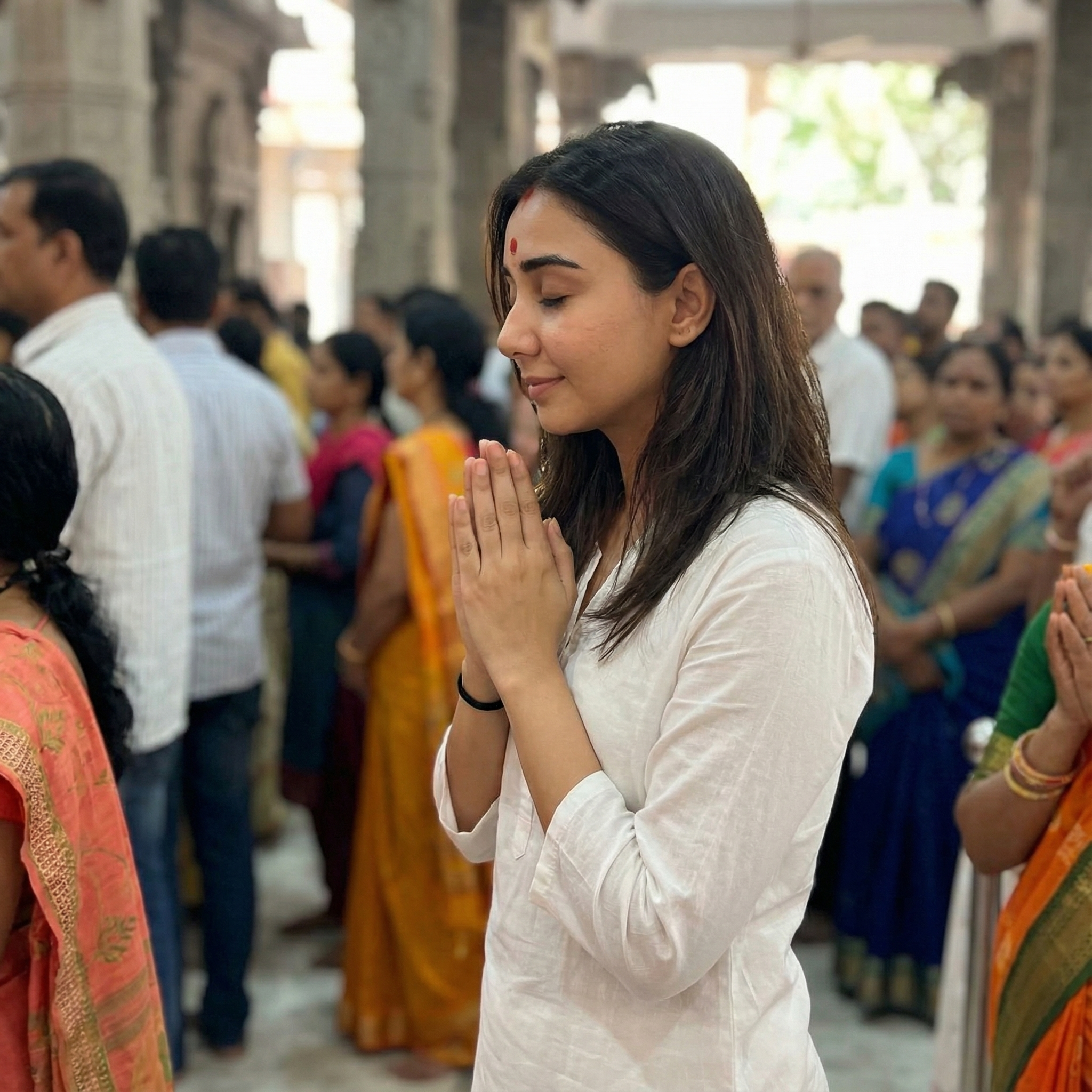 A side-profile shot of a girl standing with folded hands in a crowded temple. She wears a simple white kurta and a red bindi. Expression Cue: Eyes closed gently. A very faint, peaceful smile. She looks grounded and calm amidst the chaos around her.